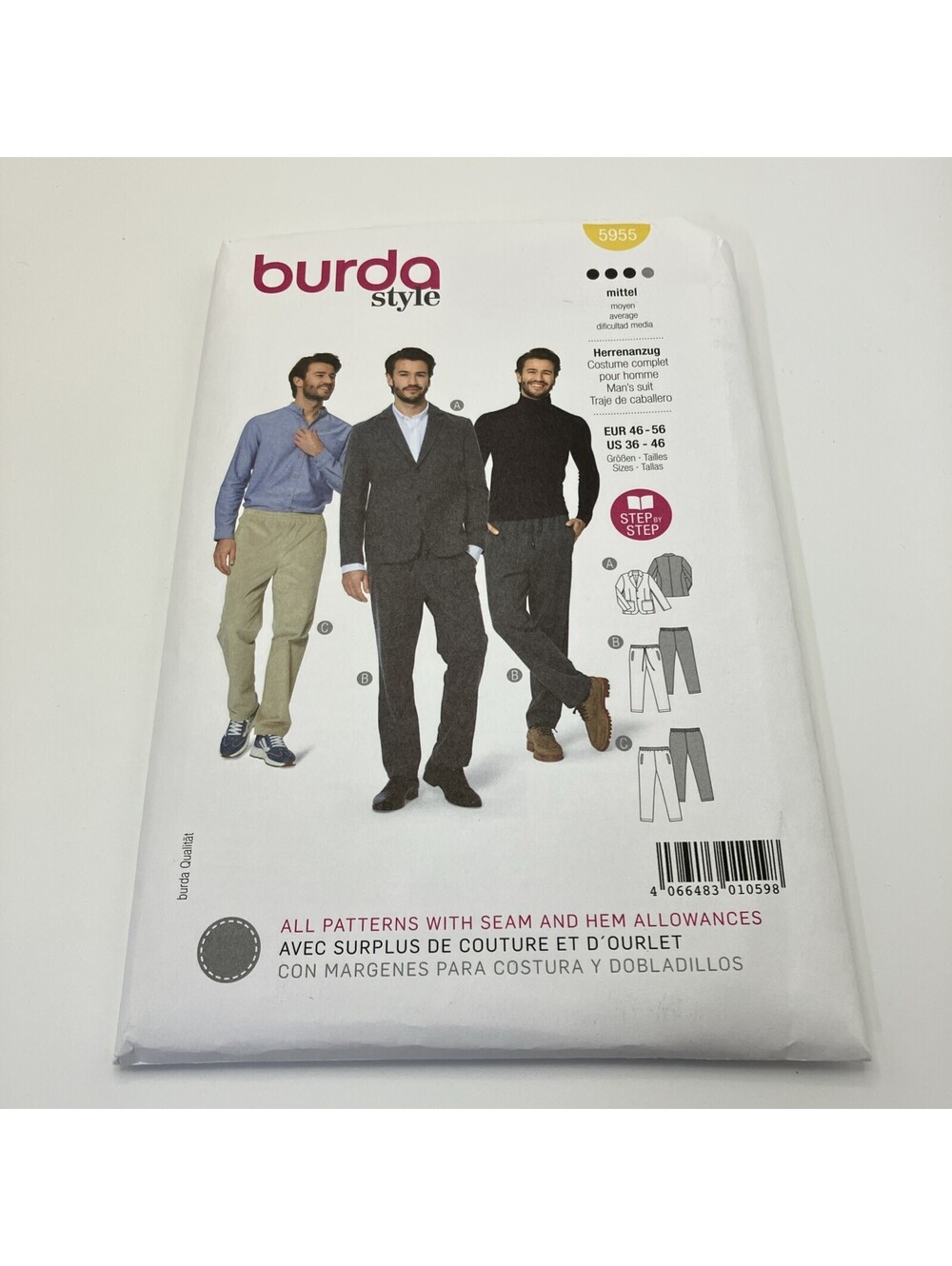 BURDA 5955 MEN'S SUIT Sewing Pattern Sizes 36-46 Skill: AVERAGE Jacket Trousers